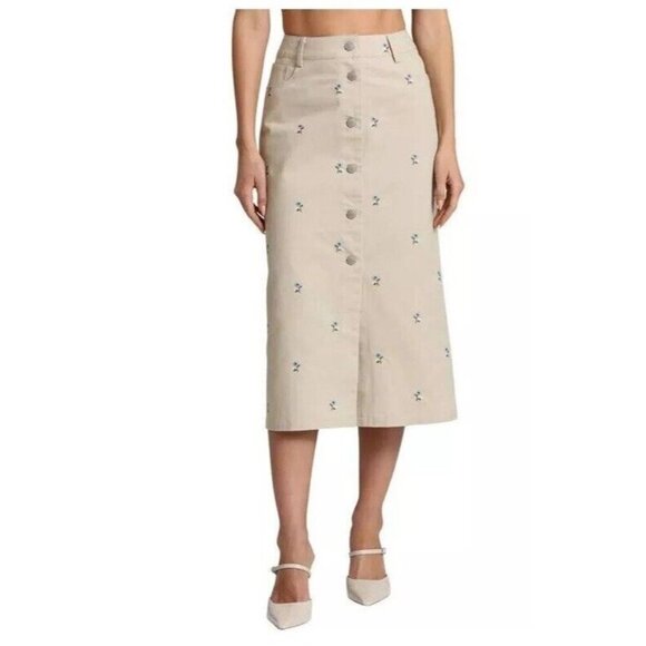 Avec Les Filles Dresses & Skirts - NWT Avec Les Filles beige khaki cotton embroidered flower Midi Skirt size small